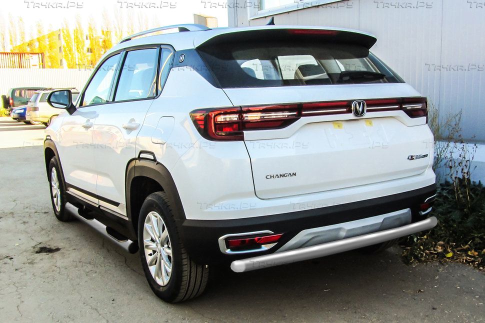 Защита Slitkoff заднего бампера d57 для Changan CS35 Plus 2019-2026 Серебристая. Артикул CHANCS35P-006S