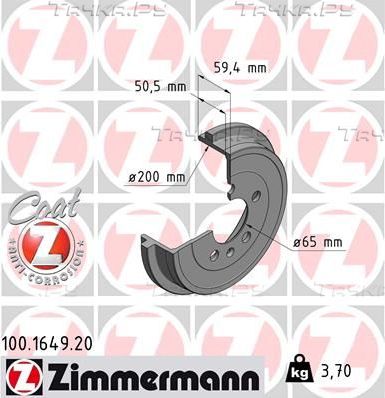 Тормозной барабан Zimmermann Coat Z задний для Volkswagen Fox I 2005-2011. Артикул 100.1649.20