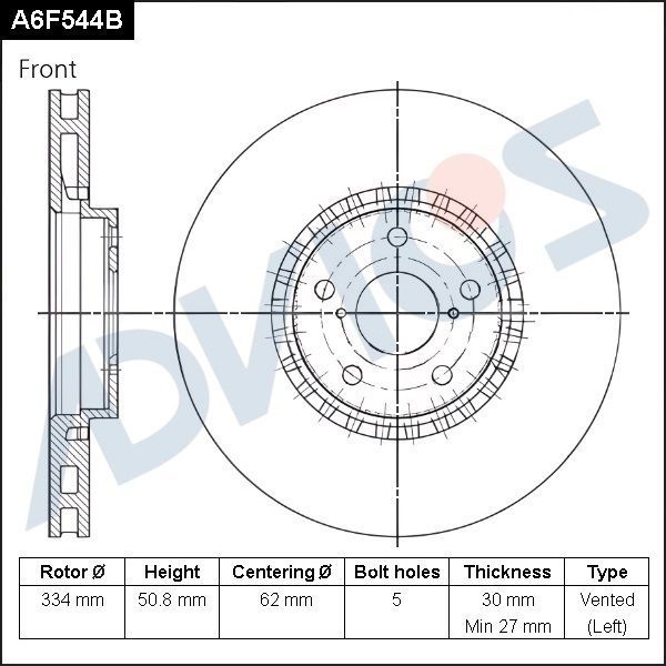 Тормозной диск Advics передний для Lexus IS III 2013-2026. Артикул A6F544B