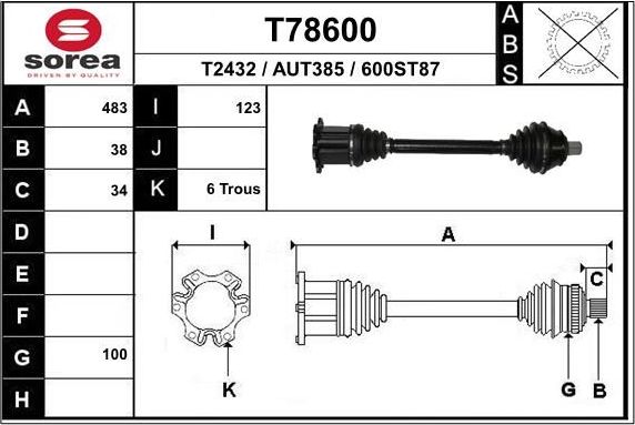 Полуось (привод в сборе, приводной вал) EAI передняя правая для Audi S8 II (D3) 2006-2010. Артикул T78600
