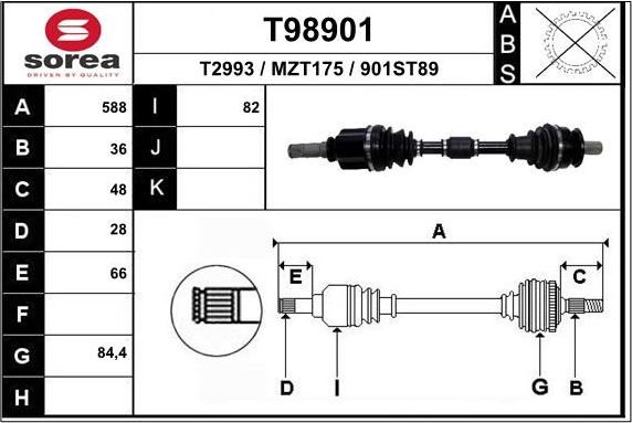 Полуось (привод в сборе, приводной вал) EAI. Артикул T98901