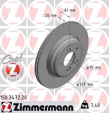 Тормозной диск Zimmermann Coat Z задний для BMW 3 IV (E46) 2000-2006. Артикул 150.3472.20