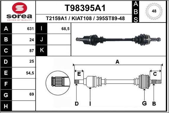 Полуось (привод в сборе, приводной вал) EAI. Артикул T98395A1