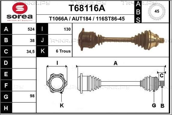 Полуось (привод в сборе, приводной вал) EAI. Артикул T68116A