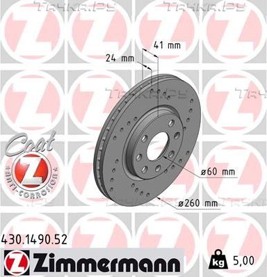 Тормозной диск Zimmermann SPORT Z передний для Opel Meriva A 2003-2010. Артикул 430.1490.52