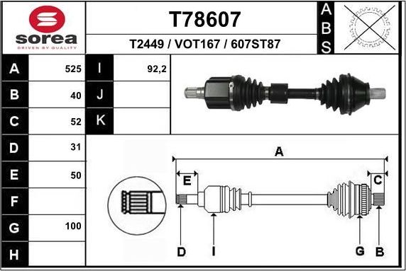 Полуось (привод в сборе, приводной вал) EAI. Артикул T78607