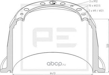 126.092-00A_торм.барабан !413x254/266 H=320 d=295/335 n10x23.5 /Scania124 (PE) PE. Артикул 12609200A