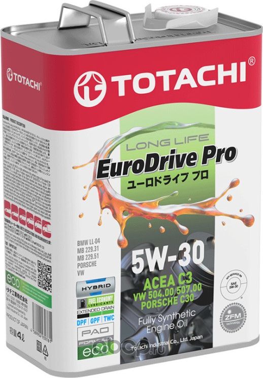 Моторное масло TOTACHI EURODRIVE PRO LL Fully Synthetic 5W30 SN C3 4л E7804. Артикул E7804