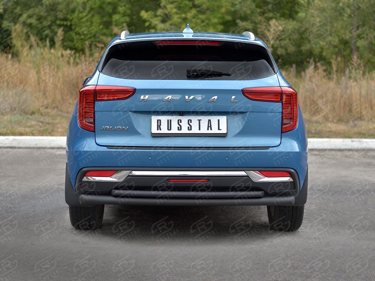 Защита RusStal заднего бампера d63 секции-d42 дуга для Haval Jolion 1.5 2WD 2021-2026 Черная. Артикул HJOLZ-003995CH