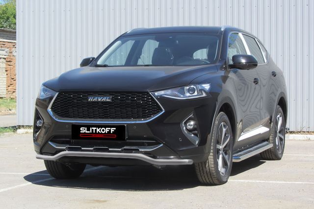 Защита Slitkoff переднего бампера d42 Волна для Haval F7 2019-2026 Серебристая. Артикул HavF7004S