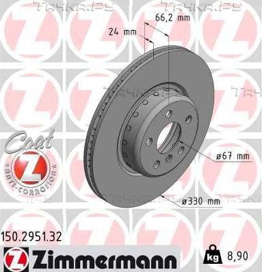 Тормозной диск Zimmermann FORMULA F COAT Z передний для BMW X4 II (G02) 2018-2026. Артикул 150.2951.32