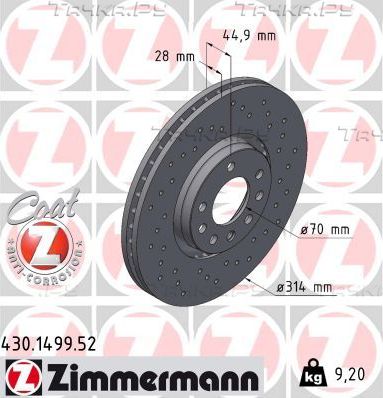 Тормозной диск Zimmermann SPORT Z для Cadillac BLS 2010-2009. Артикул 430.1499.52