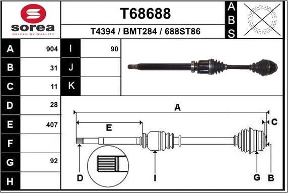 Полуось (привод в сборе, приводной вал) EAI. Артикул T68688