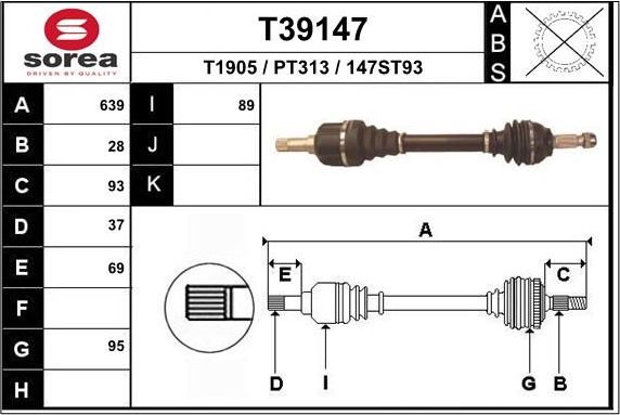 Полуось (привод в сборе, приводной вал) EAI. Артикул T39147