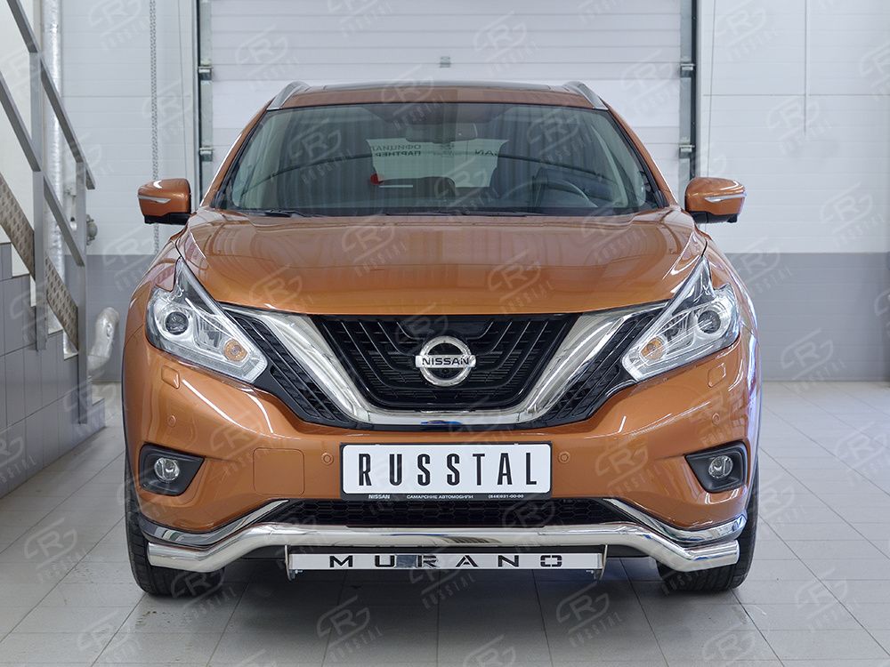 Защита RusStal переднего бампера d63 волна с надписью для Nissan Murano Z52 2016-2026. Артикул NMUZ-002400