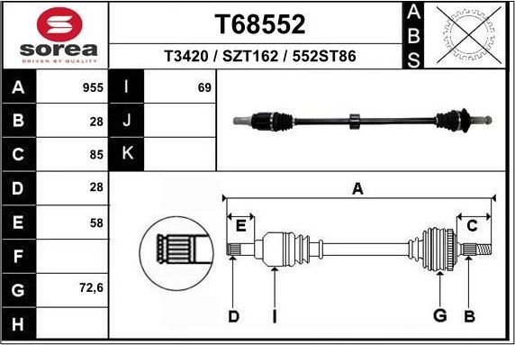 Полуось (привод в сборе, приводной вал) EAI передняя правая для Suzuki SX4 II (S-Cross) 2013-2026. Артикул T68552
