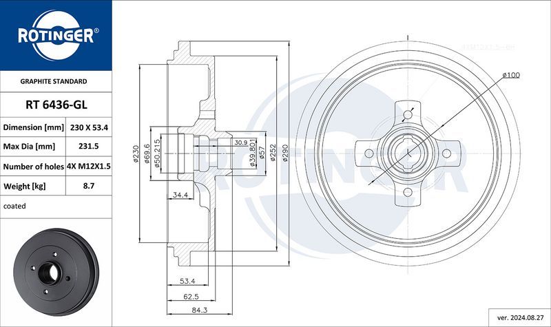 Тормозной барабан Rotinger GRAPHITE LINE. Артикул RT 6436-GL