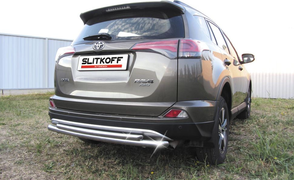 Защита Slitkoff заднего бампера d57+d42 двойная радиусная для Toyota RAV4 IV рестайлинг 2015-2019. Артикул TR415-009
