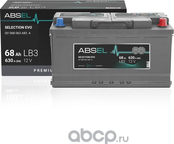 Аккумулятор ABSEL SELECTION EVO 12V LB3 68Ah 630A (0) ОП (легковая) type EURO (2 Absel. Артикул QV068063A83A