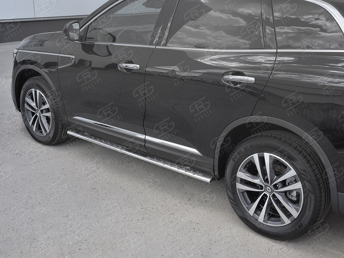 Защита порогов RusStal труба 75х42 овал с проступью для Renault Koleos II 2016-2026. Артикул RKO-002974