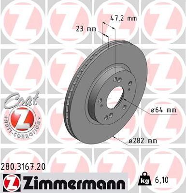 Тормозной диск Zimmermann Coat Z передний для Honda Stream I 2001-2006. Артикул 280.3167.20