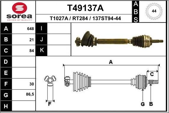 Полуось (привод в сборе, приводной вал) EAI. Артикул T49137A