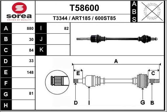 Полуось (привод в сборе, приводной вал) EAI. Артикул T58600