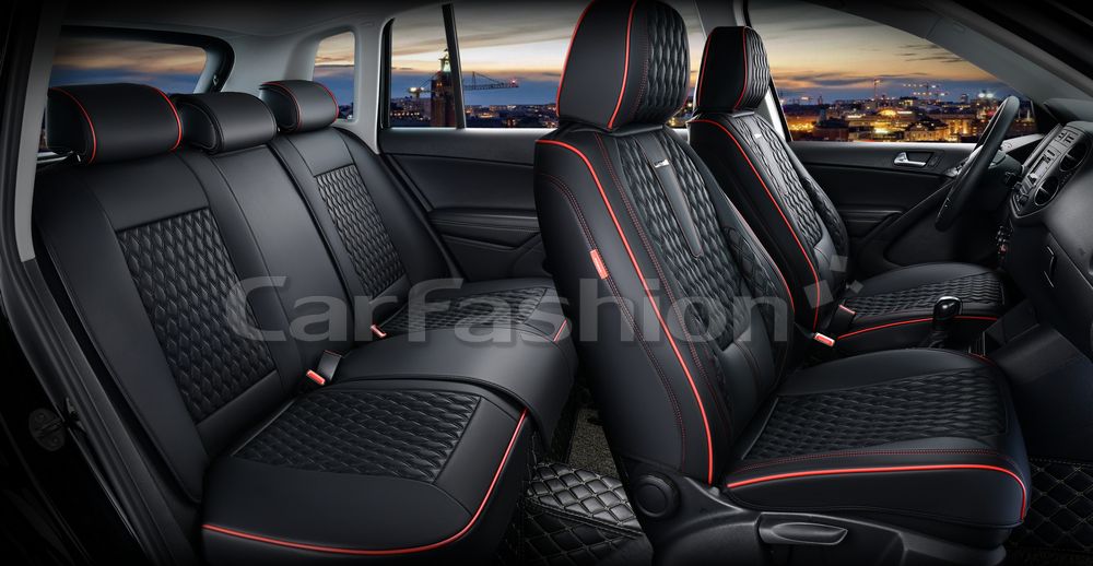 Комплект универсальных каркасных чехлов CarFashion 5D Bison Plus на сидения авто, цвет Черный/Черный/Красный. Артикул 27297