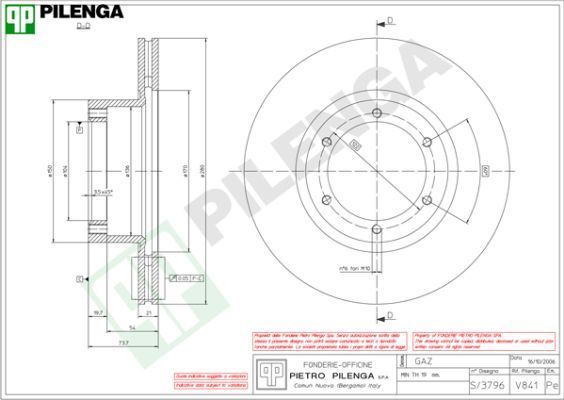Тормозной диск Pilenga передний для ГАЗ ГАЗель 2001-2002. Артикул V841