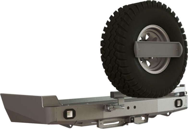 Бампер силовой задний STC для Toyota Land Cruiser 100 1998-2007 с квадратом под фаркоп, площадкой для лебедки, кронштейном крепления запасного колеса по центру, кронштейном крепления гос номера и фарами заднего хода/ ПТФ. Артикул STC-TLC100-BR-W-C1-L2