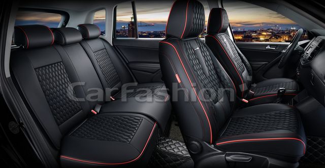 Комплект универсальных каркасных чехлов CarFashion 5D Bison Plus на сидения авто, цвет Черный/Черный/Красный. Артикул 27297