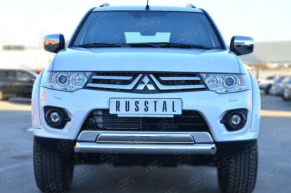 Защита RusStal переднего бампера d76 (дуга) 75х42 (дуга) для Mitsubishi Pajero Sport II рестайлинг 2013-2016. Артикул MPSZ-001578