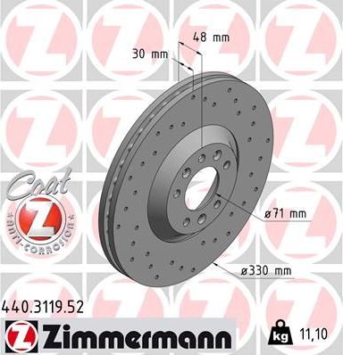 Тормозной диск Zimmermann Sport Coat Z передний для Citroen C6 2005-2012. Артикул 440.3119.52