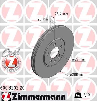 Тормозной диск Zimmermann Coat Z передний для Volkswagen Golf III 1992-1999. Артикул 600.3202.20