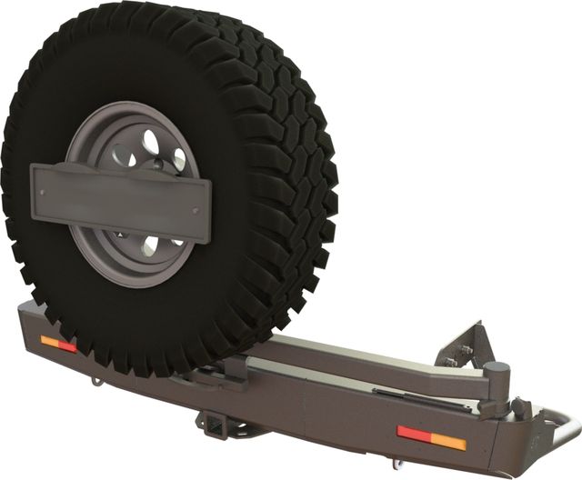 Бампер силовой STC задний для Mitsubishi L200 V 2019-2026 с квадратом под фаркоп, кронштейном крепления запасного колеса по центру, кронштейном крепления гос номера и дублирующими фонарями. Артикул STC-ML200/19-BR-C1-L1