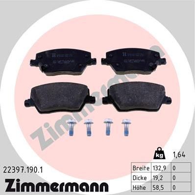 Тормозные колодки Zimmermann передние для Fiat Tipo 356 2015-2026. Артикул 22397.190.1