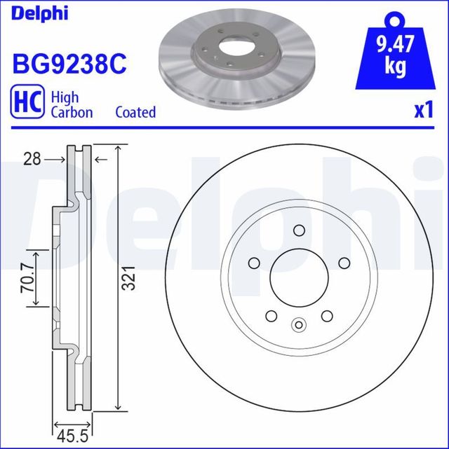 Тормозной диск Delphi передний для Opel Insignia II 2017-2026. Артикул BG9238C