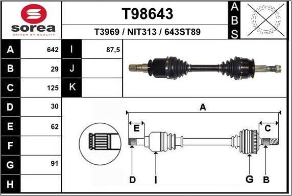 Полуось (привод в сборе, приводной вал) EAI. Артикул T98643