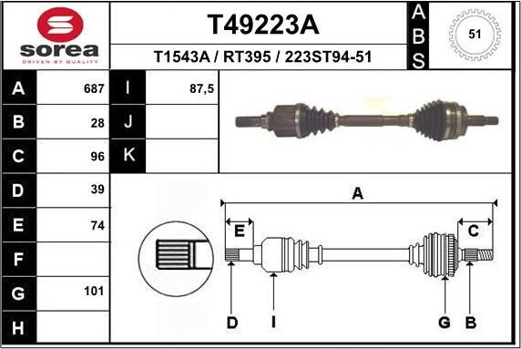 Полуось (привод в сборе, приводной вал) EAI. Артикул T49223A