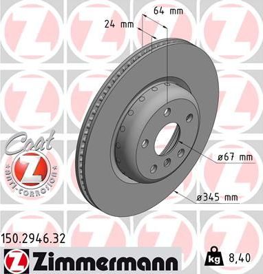 Тормозной диск Zimmermann FORMULA F COAT Z задний для BMW 5 VII (G30/G31) 2016-2026. Артикул 150.2946.32