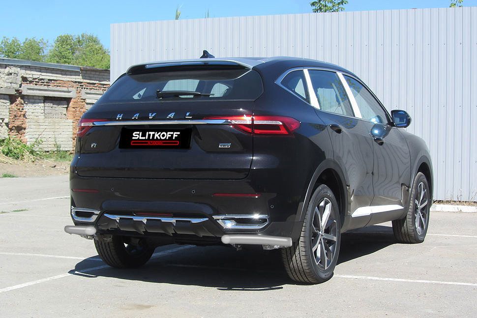 Защита Slitkoff задняя уголки d57 для Haval F7 2019-2026 Серебристая. Артикул HavF7011S