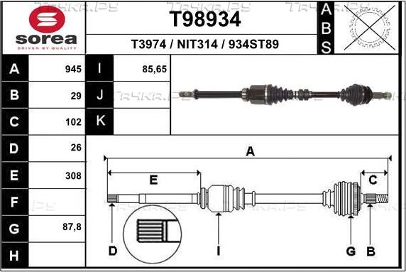 Полуось (привод в сборе, приводной вал) EAI. Артикул T98934