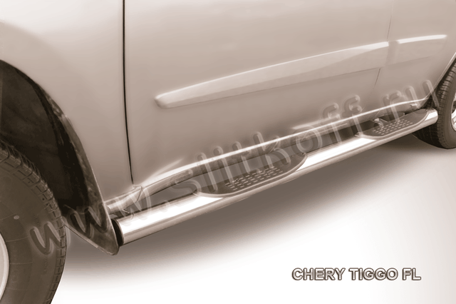 Пороги Slitkoff труба d76 с проступями для Chery Tiggo (T11) рестайлинг 2011-2016. Артикул CT-FL-004