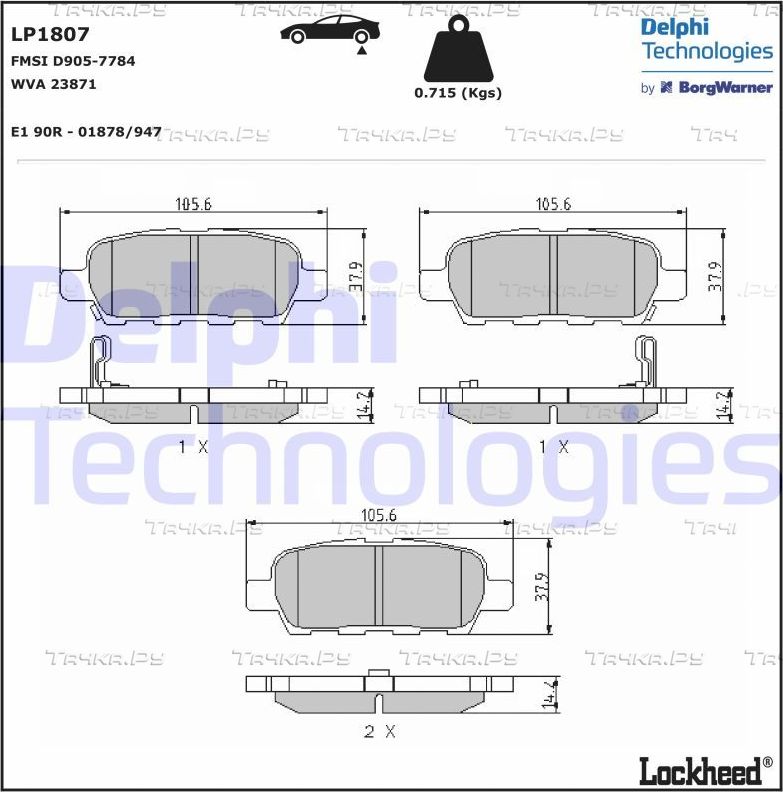 Тормозные колодки Delphi (Low-Metallic) задние для Nissan X-Trail T31 2007-2013. Артикул LP1807