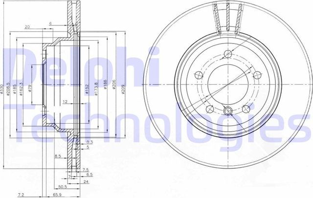 Тормозной диск Delphi передний для BMW 3 V (E90/E91/E92/E93) 2004-2013. Артикул BG3959