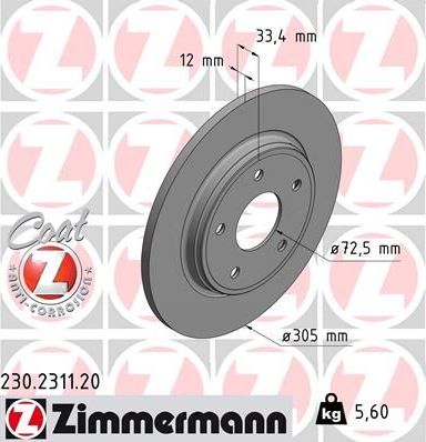 Тормозной диск Zimmermann Coat Z для Dodge Journey I 2008-2026. Артикул 230.2311.20