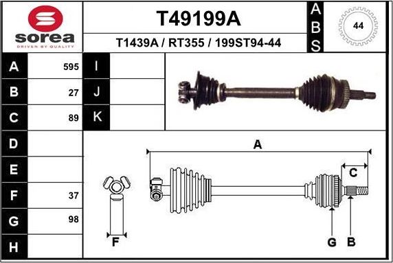 Полуось (привод в сборе, приводной вал) EAI. Артикул T49199A