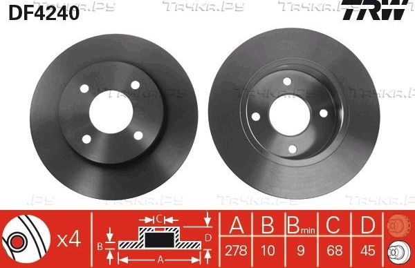 Тормозной диск TRW задний для Nissan Primera P10 1998-1998. Артикул DF4240