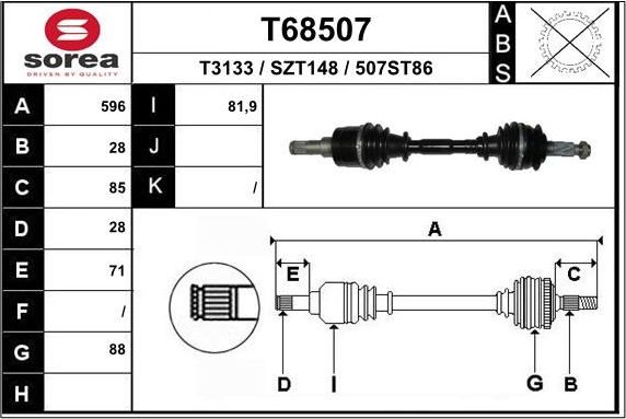 Полуось (привод в сборе, приводной вал) EAI. Артикул T68507