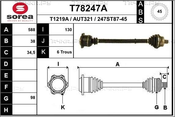 Полуось (привод в сборе, приводной вал) EAI. Артикул T78247A